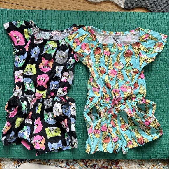 NEW Spotted Zebra 2 Shorts Rompers Girl S 6/7 Cat & Ice Cream Cones Thick Cotton - Picture 3 of 16